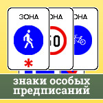 Знаки пешеходная зона, зона регулируемой стоянки, зона с ограничением максимальной скорости