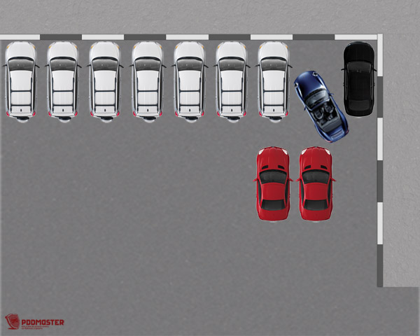В левом зеркале заднего вида просматривается зазор между синим и красным автомобилями