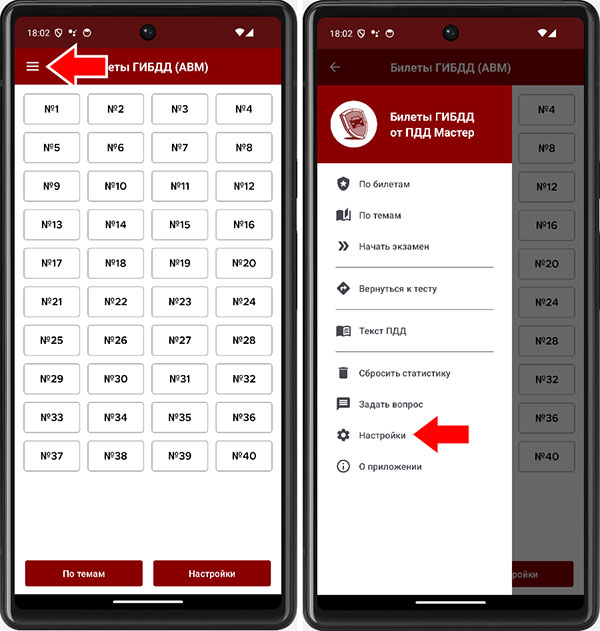 Раздел Настройки приложения Билеты ГИБДД от ПДД Мастер