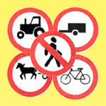 Знаки движение пешеходов запрещено, движение на велосипедах запрещено, движение с прицепом запрещено